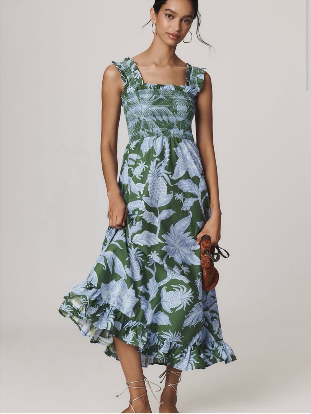 FARM RIO Tropical Swing Green Sleeveless Midi Dress size Medium cotton